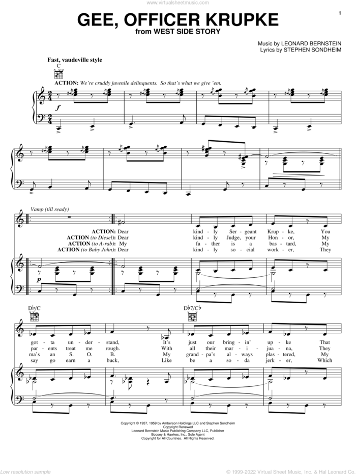 Gee, Officer Krupke (from West Side Story) sheet music for voice, piano or guitar by Leonard Bernstein, West Side Story (Musical) and Stephen Sondheim, intermediate skill level