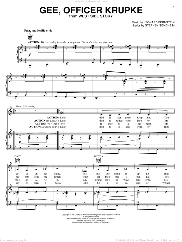 Gee, Officer Krupke (from West Side Story) sheet music for voice, piano or guitar by Leonard Bernstein, West Side Story (Musical) and Stephen Sondheim, intermediate skill level