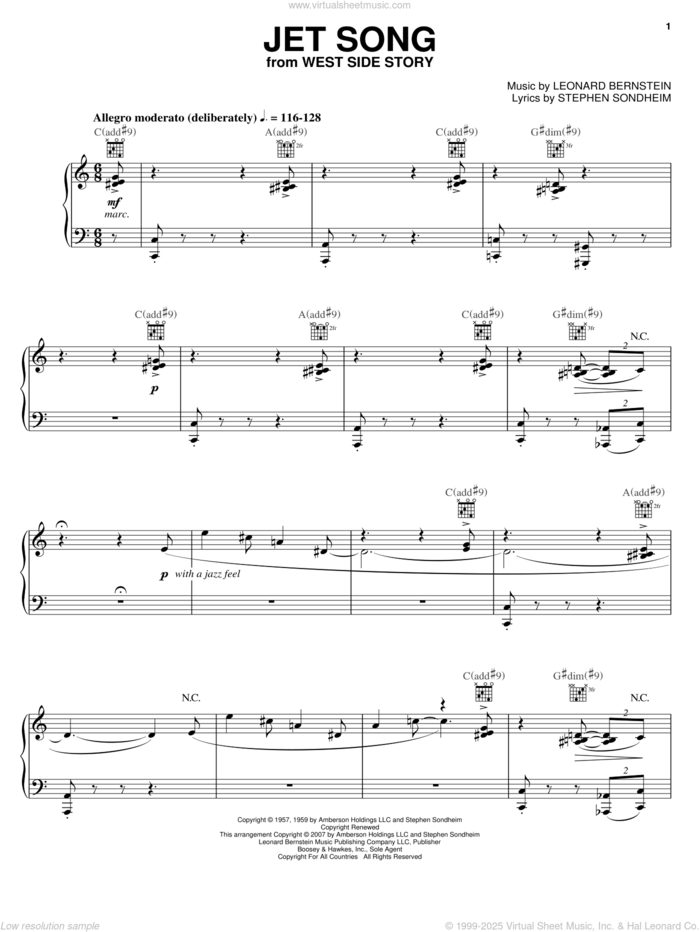 Jet Song (from West Side Story) sheet music for voice, piano or guitar by Leonard Bernstein, West Side Story (Musical) and Stephen Sondheim, intermediate skill level