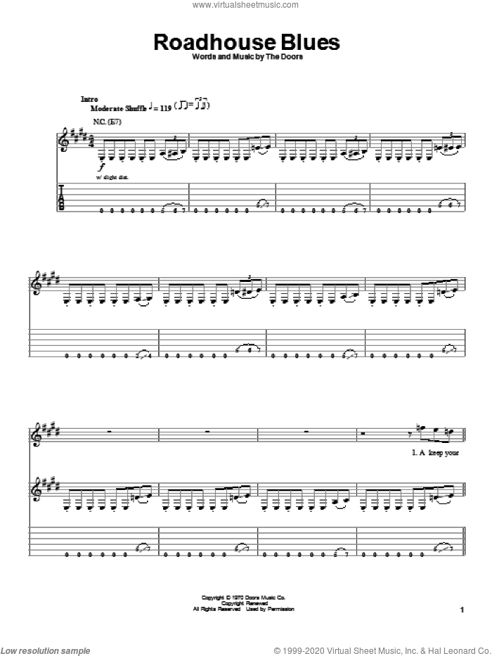 Roadhouse Blues sheet music for guitar (tablature, play-along) by The Doors, intermediate skill level