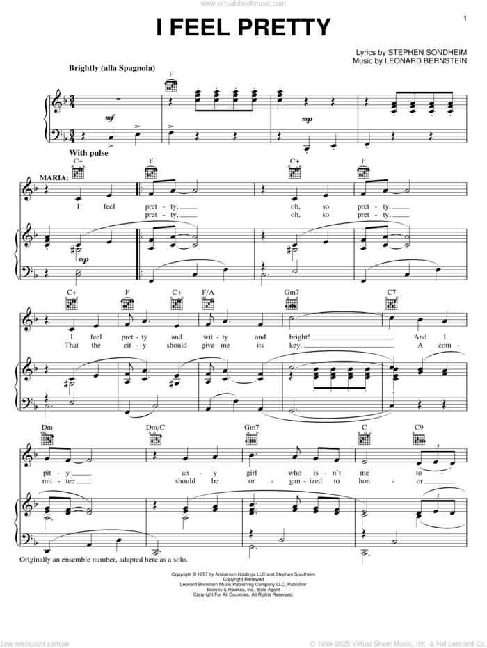 I Feel Pretty (from West Side Story) sheet music for voice, piano or guitar by Leonard Bernstein, West Side Story (Musical) and Stephen Sondheim, intermediate skill level