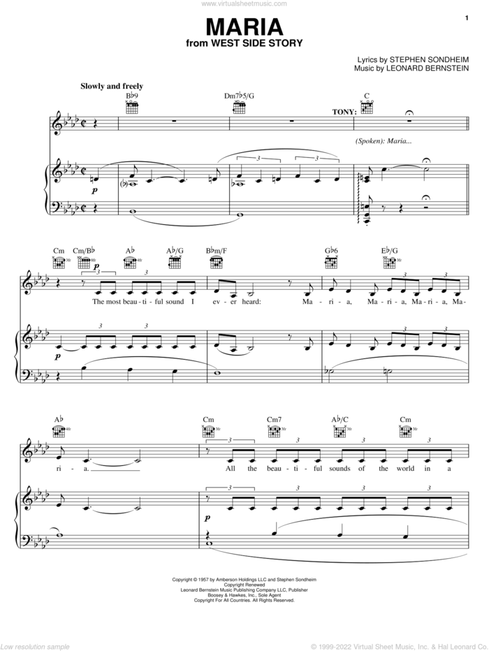 Maria (from West Side Story) sheet music for voice, piano or guitar by Leonard Bernstein, West Side Story (Musical) and Stephen Sondheim, intermediate skill level