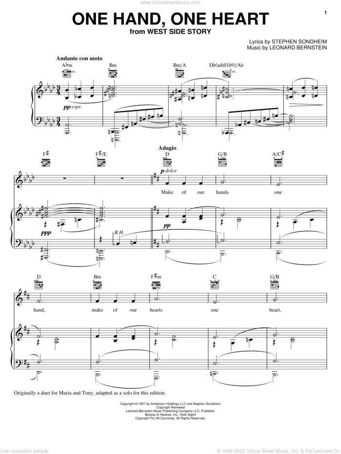 One Hand, One Heart (from West Side Story) sheet music for voice, piano or guitar by Leonard Bernstein, West Side Story (Musical) and Stephen Sondheim, wedding score, intermediate skill level