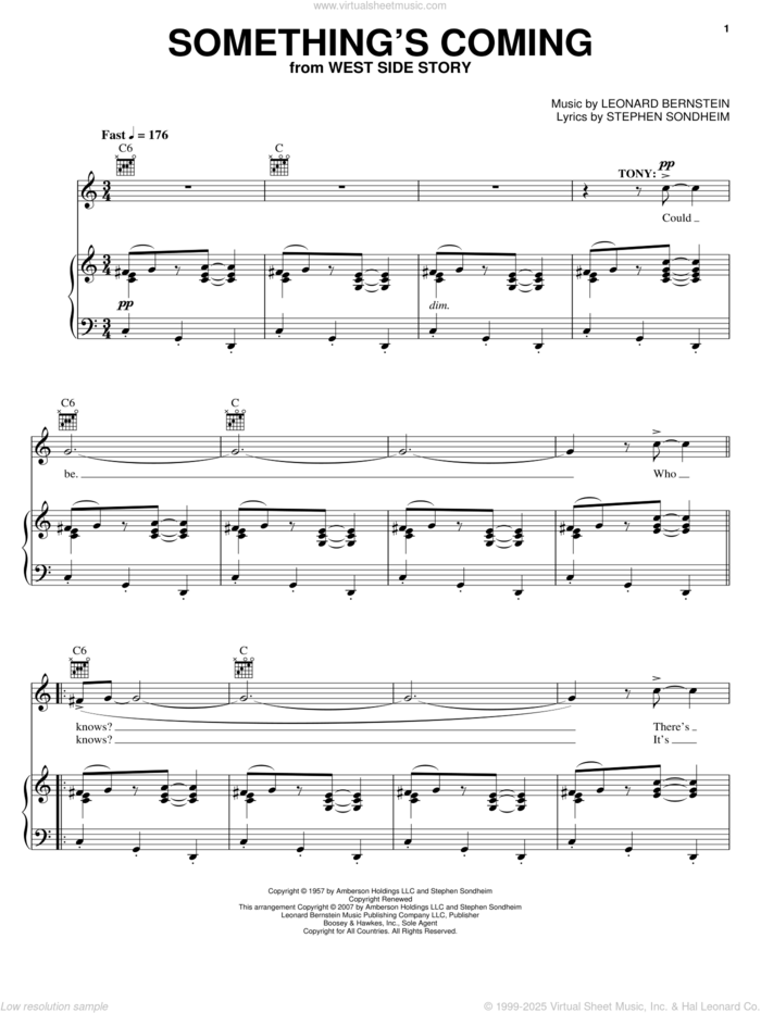 Something's Coming (from West Side Story) sheet music for voice, piano or guitar by Leonard Bernstein, West Side Story (Musical) and Stephen Sondheim, intermediate skill level