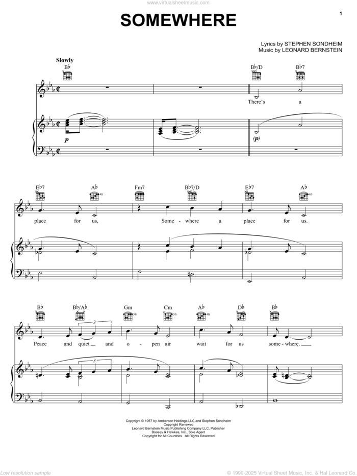 Somewhere (from West Side Story) sheet music for voice, piano or guitar by Leonard Bernstein, West Side Story (Musical) and Stephen Sondheim, intermediate skill level