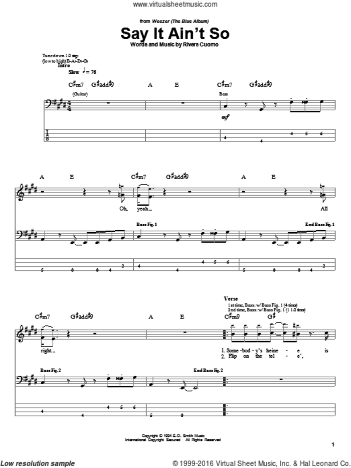 Say It Ain't So sheet music for bass (tablature) (bass guitar) by Weezer and Rivers Cuomo, intermediate skill level