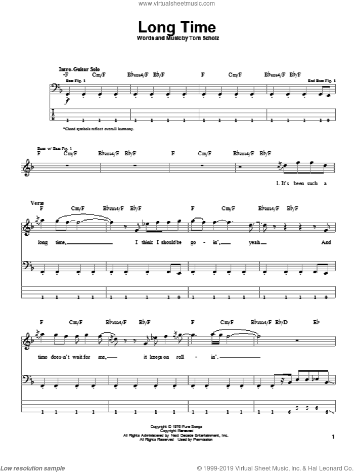 Long Time sheet music for bass (tablature) (bass guitar) by Boston and Tom Scholz, intermediate skill level