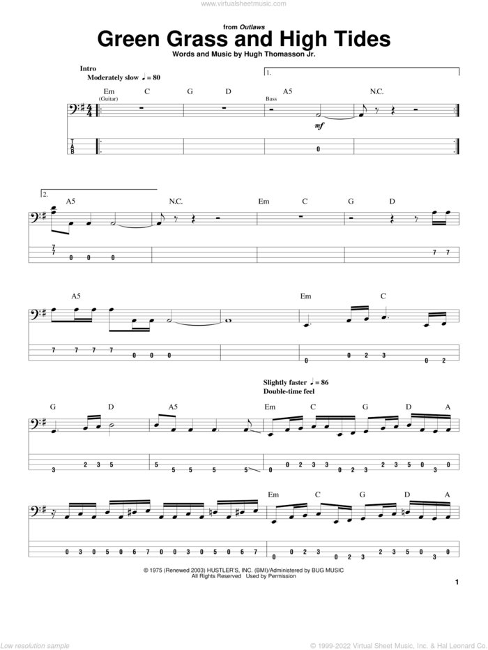 Green Grass And High Tides sheet music for bass (tablature) (bass guitar) by The Outlaws, Outlaws and Hugh Thomasson Jr., intermediate skill level