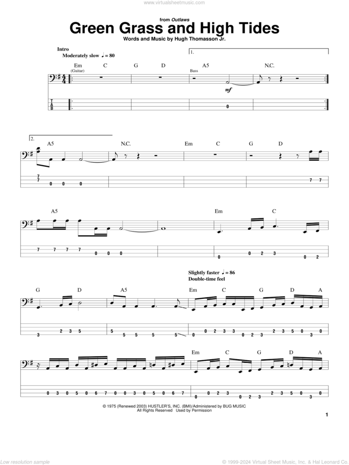 Green Grass And High Tides sheet music for bass (tablature) (bass guitar) by The Outlaws, Outlaws and Hugh Thomasson Jr., intermediate skill level