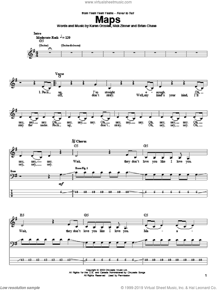 Maps sheet music for bass (tablature) (bass guitar) by Yeah Yeah Yeahs, Brian Chase, Karen Orzolek and Nick Zinner, intermediate skill level