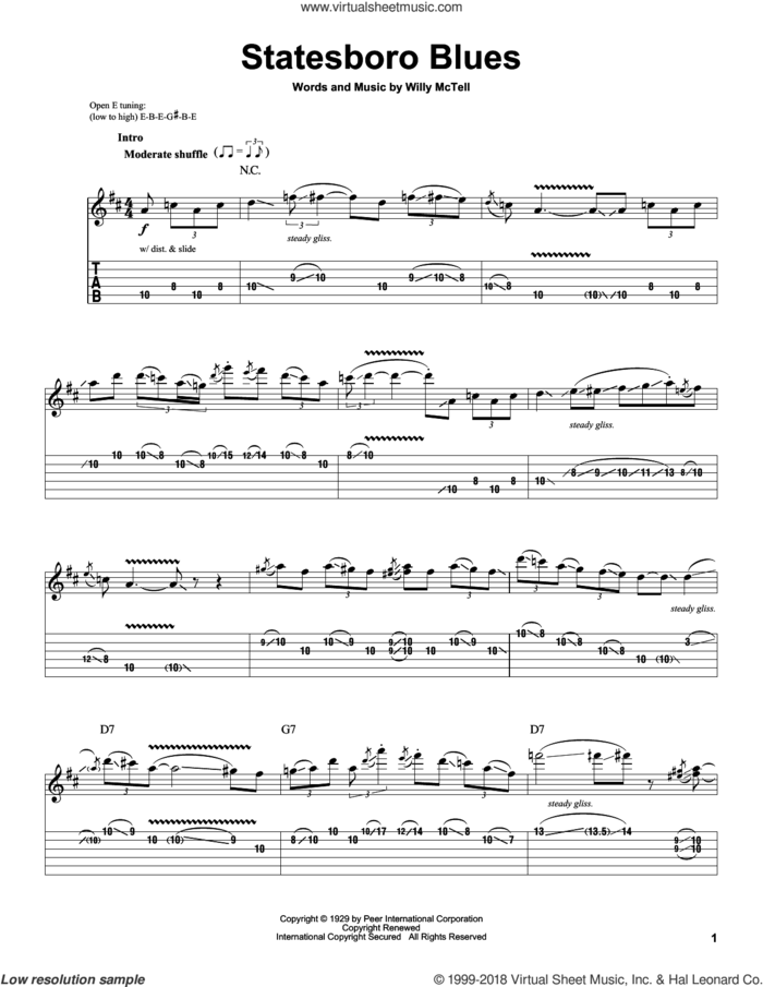 Statesboro Blues sheet music for guitar (tablature, play-along) by The Allman Brothers Band, Allman Brothers Band and Willie McTell, intermediate skill level