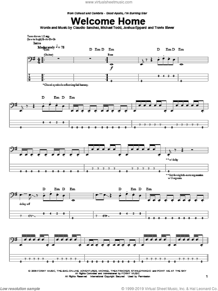 Welcome Home sheet music for bass (tablature) (bass guitar) by Coheed And Cambria, Claudio Sanchez, Joshua Eppard, Michael Todd and Travis Stever, intermediate skill level