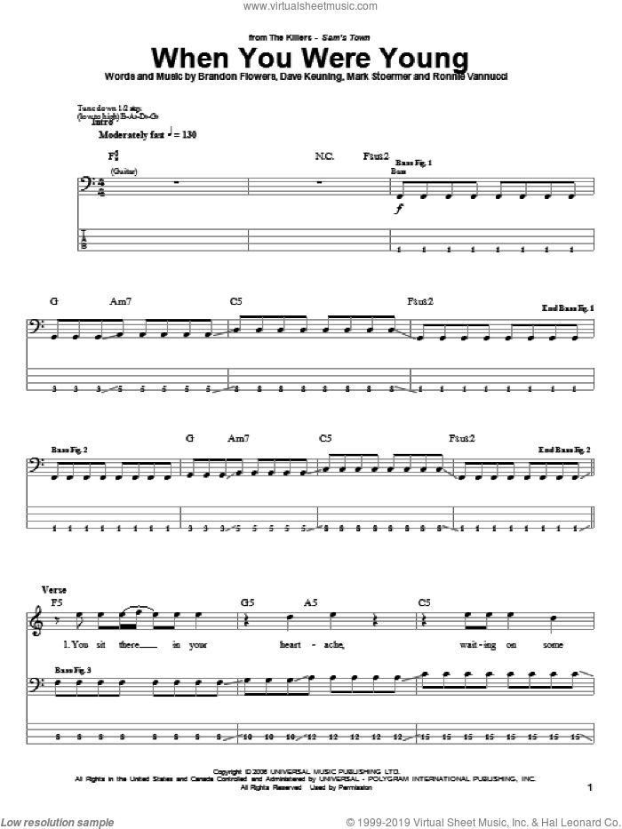 When You Were Young sheet music for bass (tablature) (bass guitar) by The Killers, Brandon Flowers, Dave Keuning, Mark Stoermer and Ronnie Vannucci, intermediate skill level