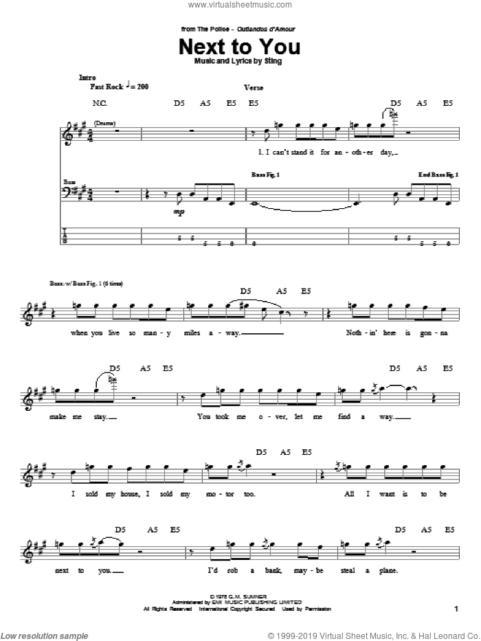 Next To You sheet music for bass (tablature) (bass guitar) by The Police and Sting, intermediate skill level