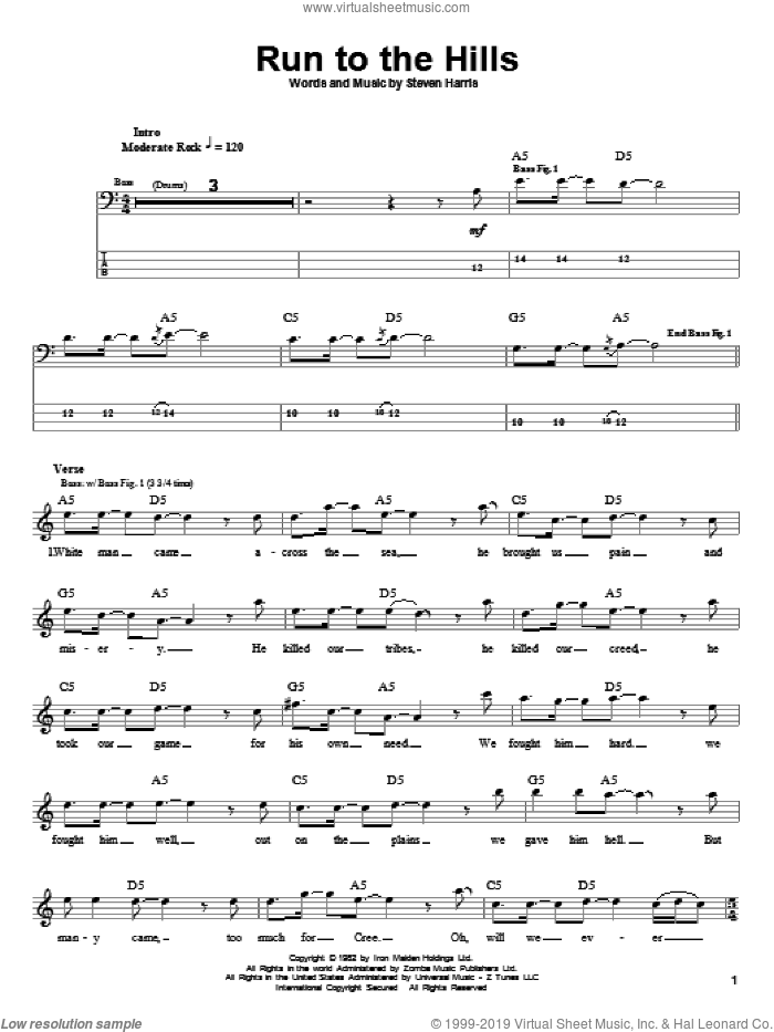 Run To The Hills sheet music for bass (tablature) (bass guitar) by Iron Maiden and Steve Harris, intermediate skill level