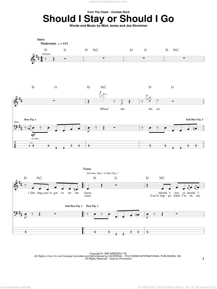 Should I Stay Or Should I Go sheet music for bass (tablature) (bass guitar) by The Clash, Joe Strummer and Mick Jones, intermediate skill level
