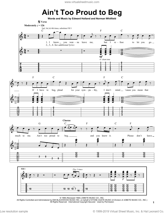 Ain't Too Proud To Beg sheet music for guitar (tablature, play-along) by The Temptations, The Rolling Stones, Eddie Holland and Norman Whitfield, intermediate skill level