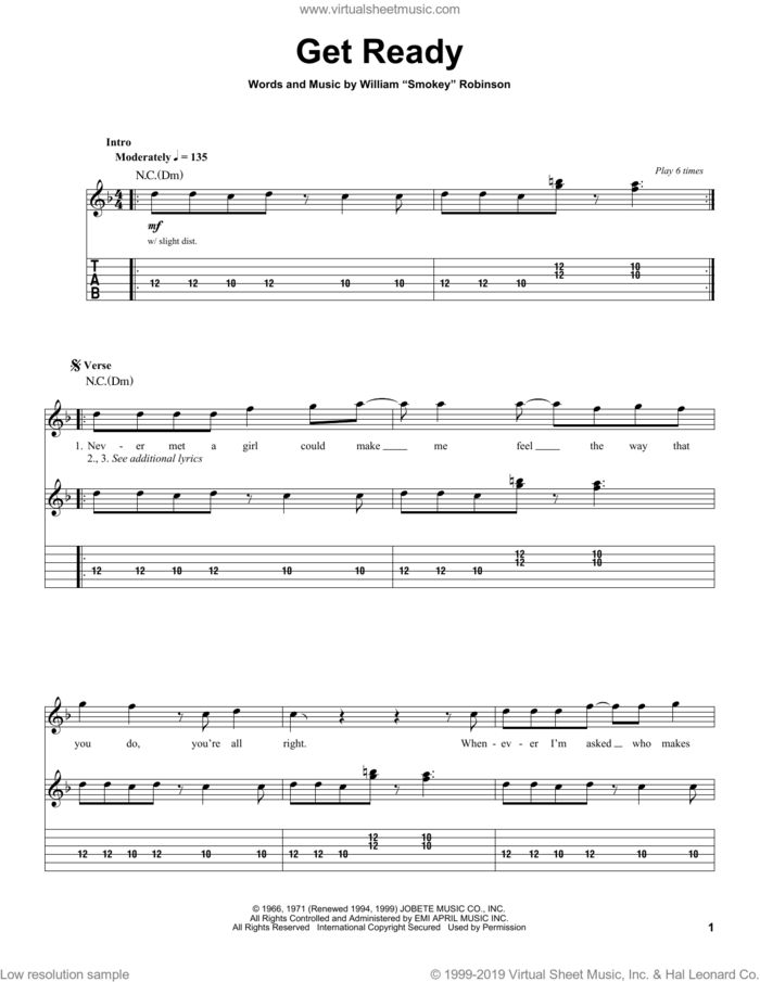 Get Ready sheet music for guitar (tablature, play-along) by Rare Earth and The Temptations, intermediate skill level