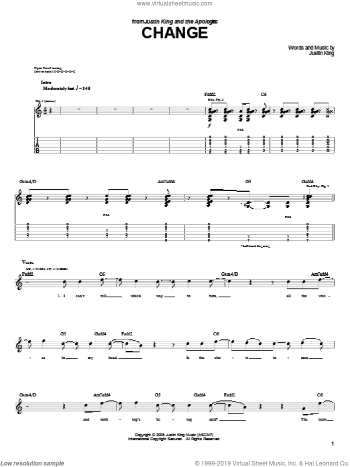 Change sheet music for guitar (tablature) by Justin King, intermediate skill level