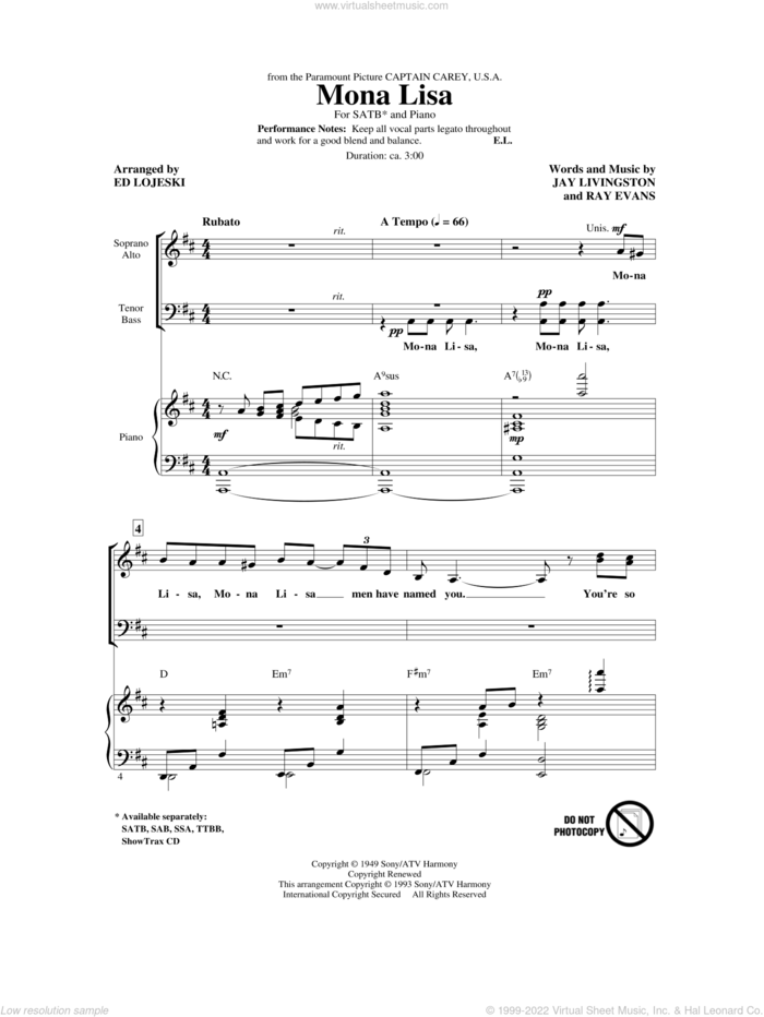 Mona Lisa sheet music for choir (SATB: soprano, alto, tenor, bass) by Jay Livingston, Ray Evans, Ed Lojeski and Nat King Cole, intermediate skill level