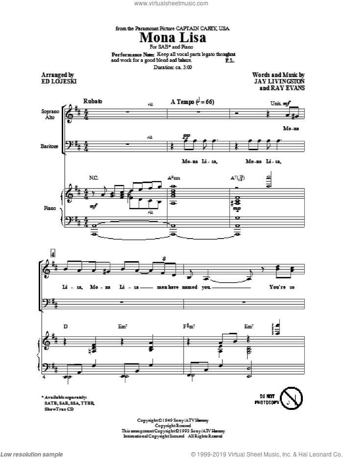 Mona Lisa sheet music for choir (SAB: soprano, alto, bass) by Jay Livingston, Ray Evans, Ed Lojeski and Nat King Cole, intermediate skill level