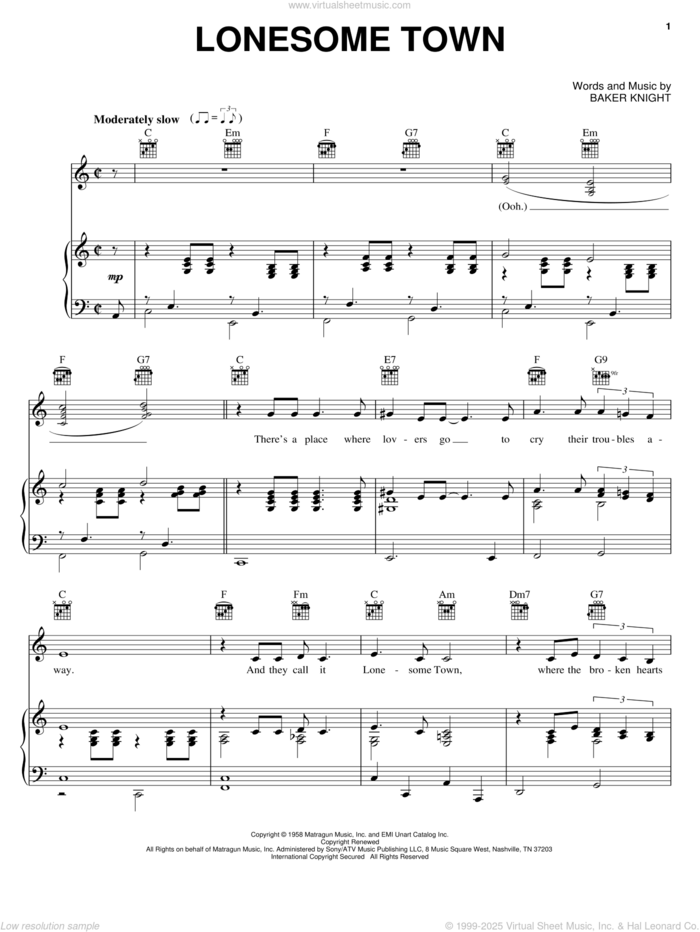 Lonesome Town sheet music for voice, piano or guitar by Ricky Nelson and Baker Knight, intermediate skill level