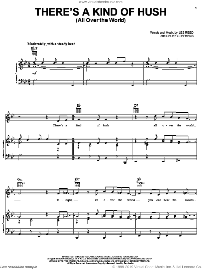 There's A Kind Of Hush (All Over The World) sheet music for voice, piano or guitar by Herman's Hermits, Carpenters, Geoff Stephens and Les Reed, intermediate skill level