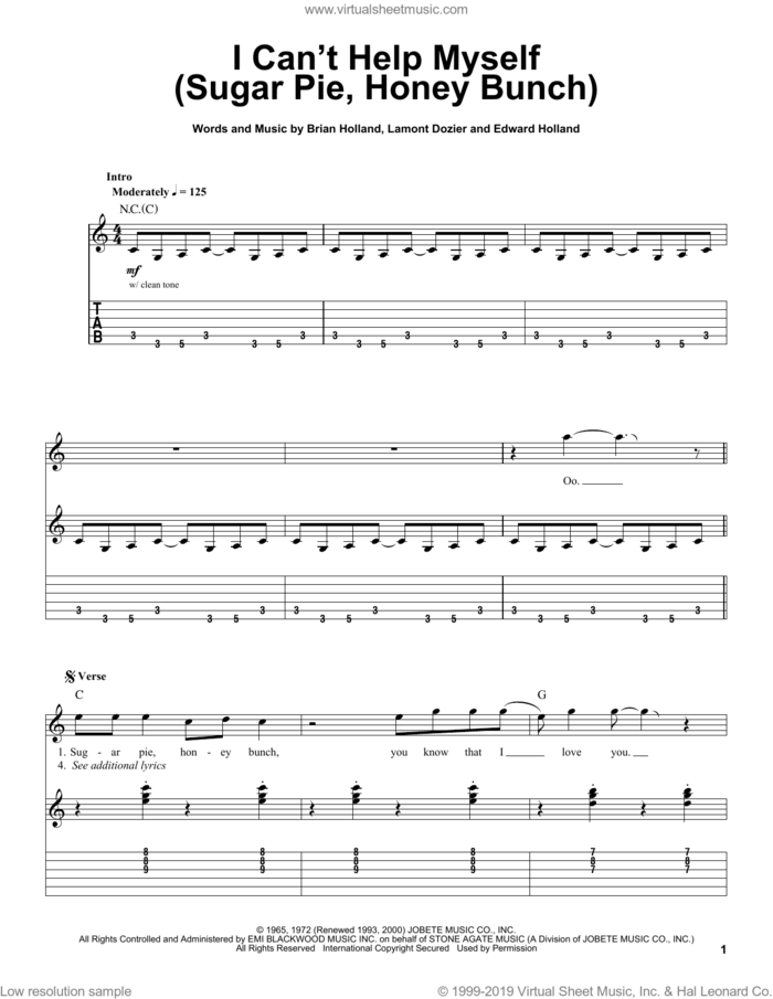 I Can't Help Myself (Sugar Pie, Honey Bunch) sheet music for guitar (tablature, play-along) by The Four Tops, Brian Holland, Eddie Holland and Lamont Dozier, intermediate skill level