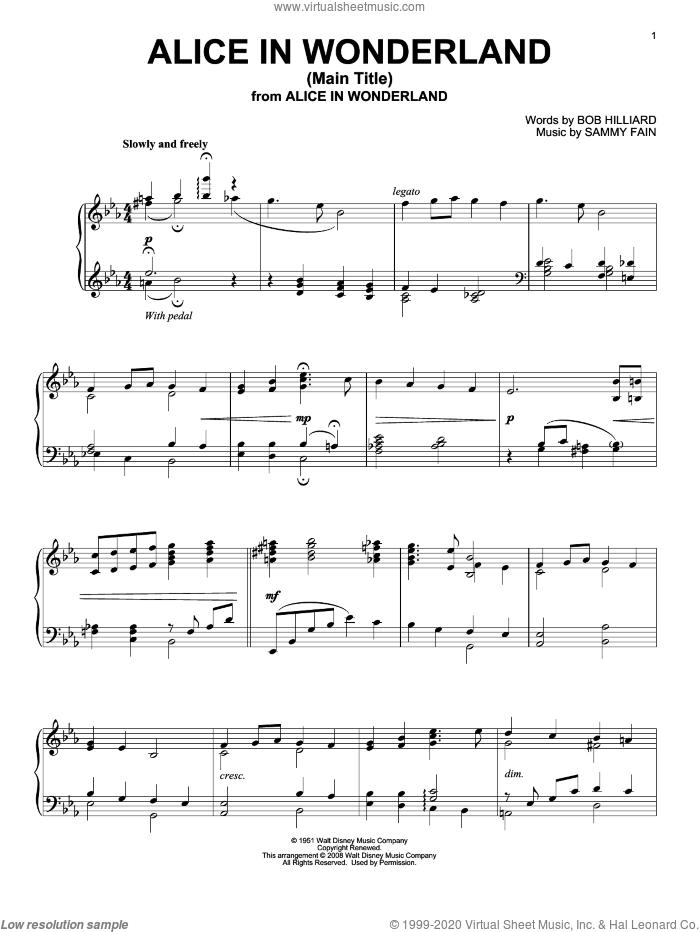 Alice In Wonderland, (intermediate) sheet music for piano solo by Bill Evans, Bob Hilliard and Sammy Fain, intermediate skill level