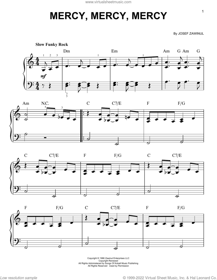 Mercy, Mercy, Mercy sheet music for piano solo by The Buckinghams and Josef Zawinul, beginner skill level