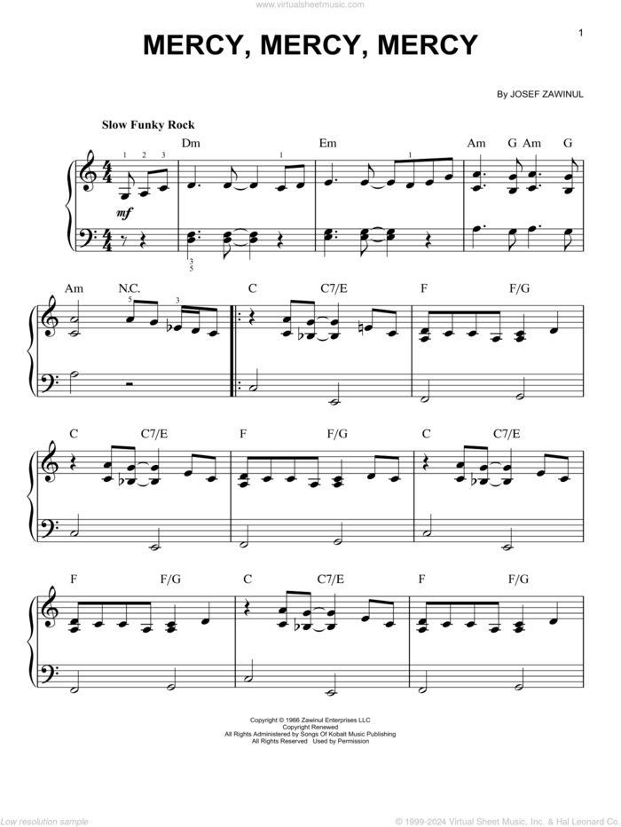 Mercy, Mercy, Mercy sheet music for piano solo by The Buckinghams and Josef Zawinul, beginner skill level