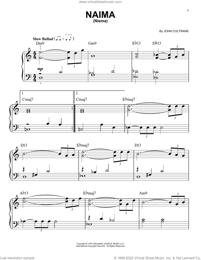 Naima (Niema) sheet music for piano solo by John Coltrane, beginner skill level