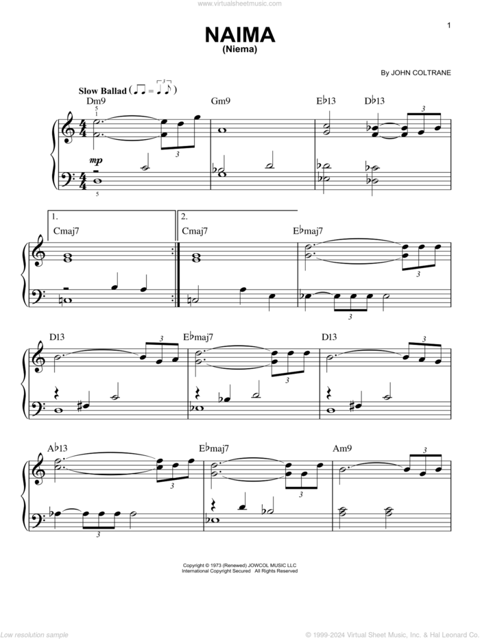 Naima (Niema) sheet music for piano solo by John Coltrane, beginner skill level