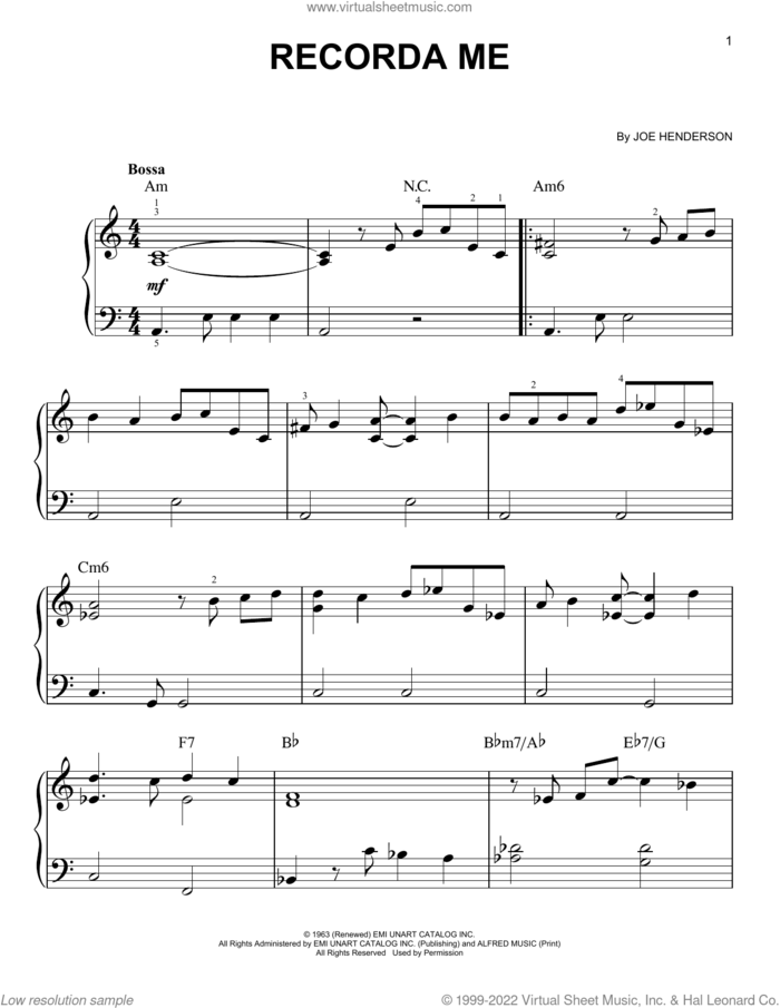 Recorda Me sheet music for piano solo by Joe Henderson, beginner skill level