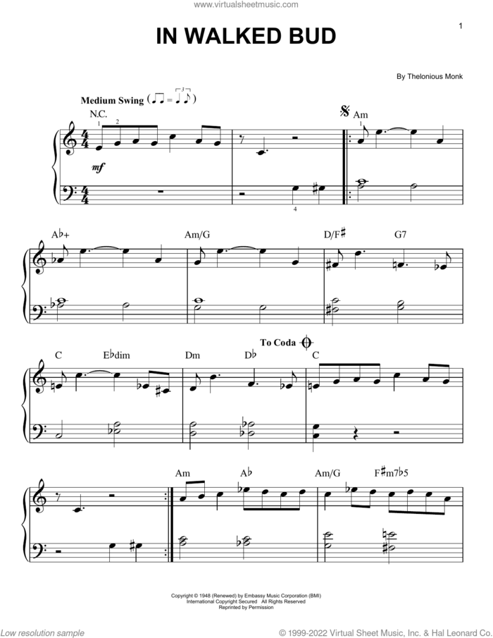 In Walked Bud, (beginner) sheet music for piano solo by Thelonious Monk, beginner skill level