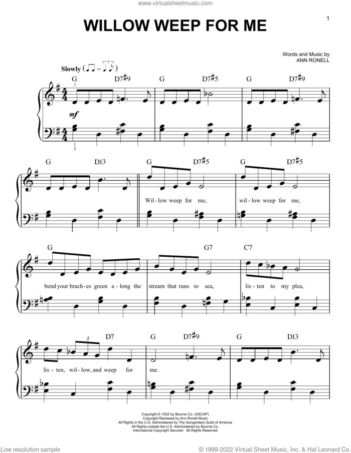 Willow Weep For Me sheet music for piano solo by Chad & Jeremy and Ann Ronell, beginner skill level