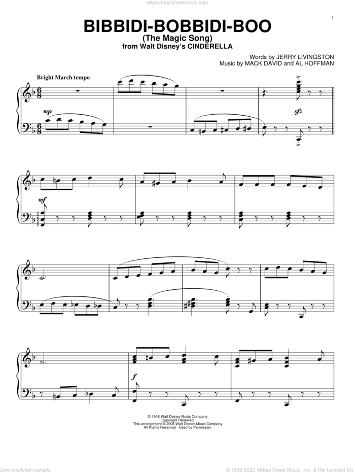 Bibbidi-Bobbidi-Boo (The Magic Song) sheet music for piano solo by Louis Armstrong, Al Hoffman, Jerry Livingston and Mack David, intermediate skill level
