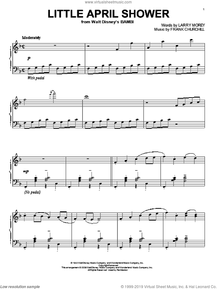 Little April Shower, (intermediate) sheet music for piano solo by Frank Churchill and Larry Morey, intermediate skill level