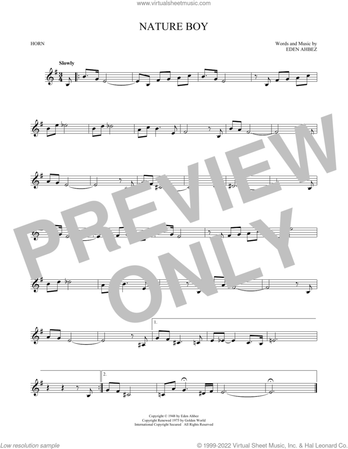 Nature Boy sheet music for horn solo by Nat King Cole and Eden Ahbez, intermediate skill level