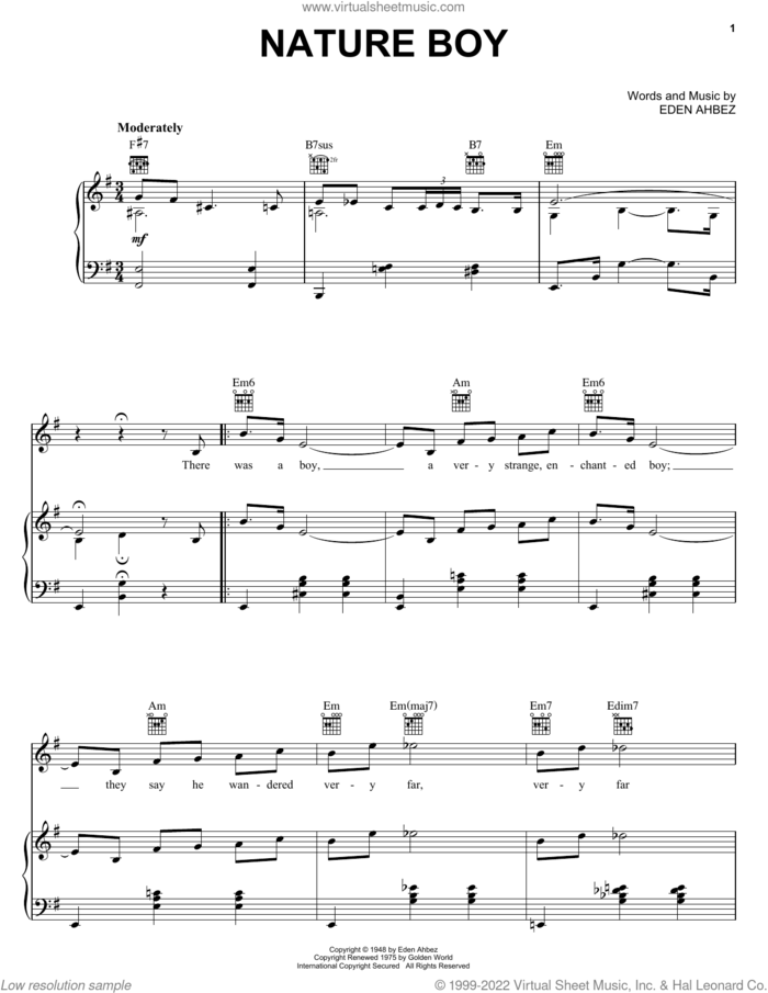 Nature Boy sheet music for voice, piano or guitar by Nat King Cole and Eden Ahbez, intermediate skill level