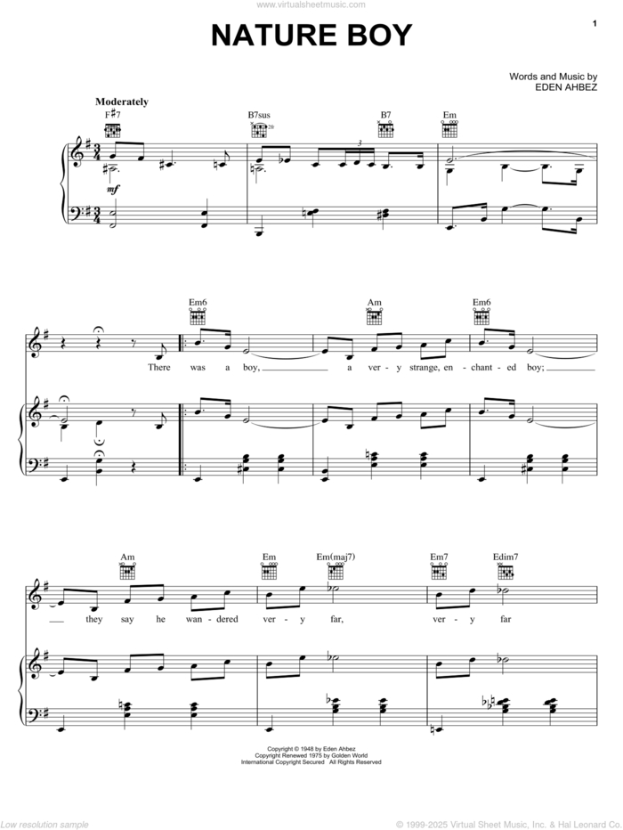 Nature Boy sheet music for voice, piano or guitar by Nat King Cole and Eden Ahbez, intermediate skill level