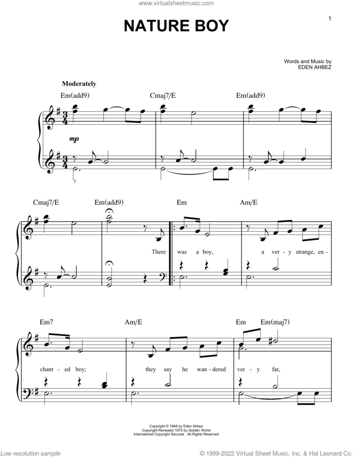 Nature Boy sheet music for piano solo by Nat King Cole and Eden Ahbez, easy skill level