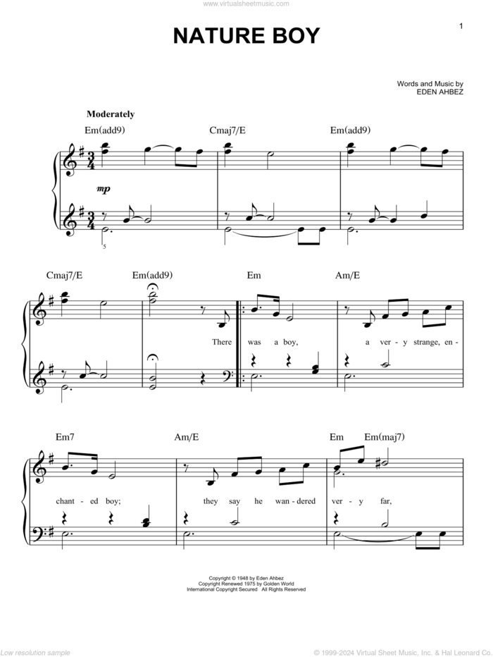 Nature Boy sheet music for piano solo by Nat King Cole and Eden Ahbez, easy skill level