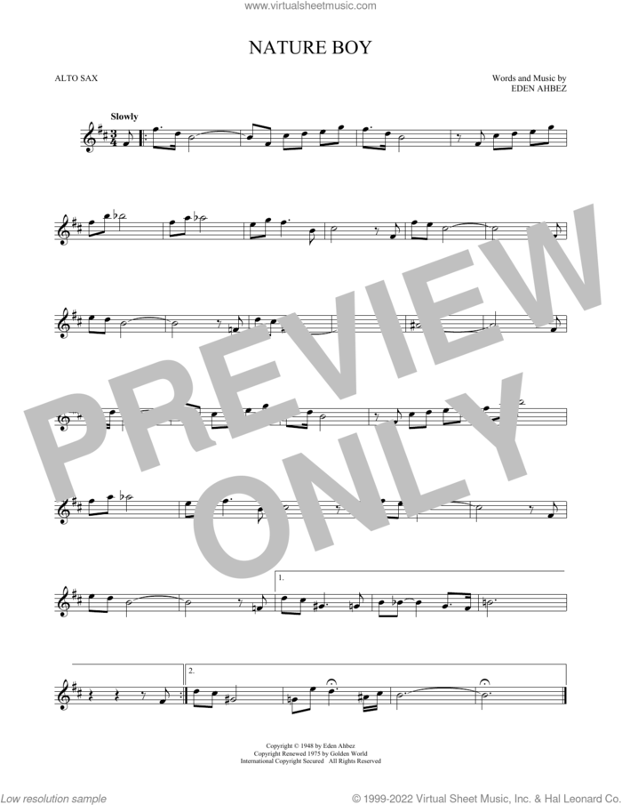 Nature Boy sheet music for alto saxophone solo by Nat King Cole and Eden Ahbez, intermediate skill level