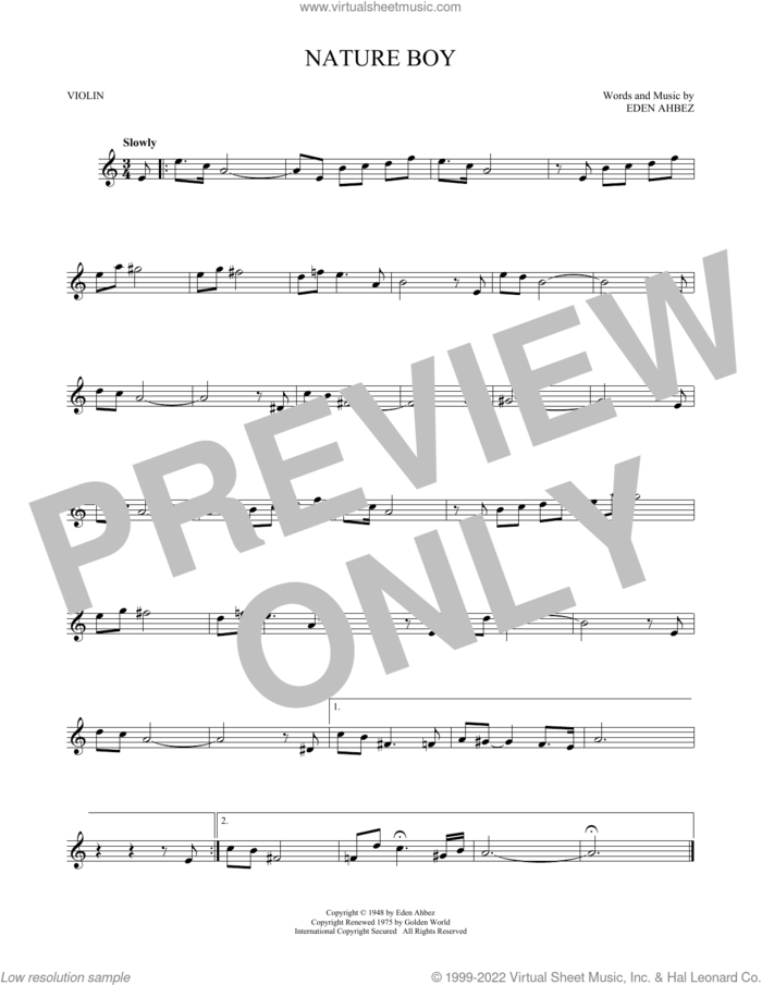 Nature Boy sheet music for violin solo by Nat King Cole and Eden Ahbez, intermediate skill level