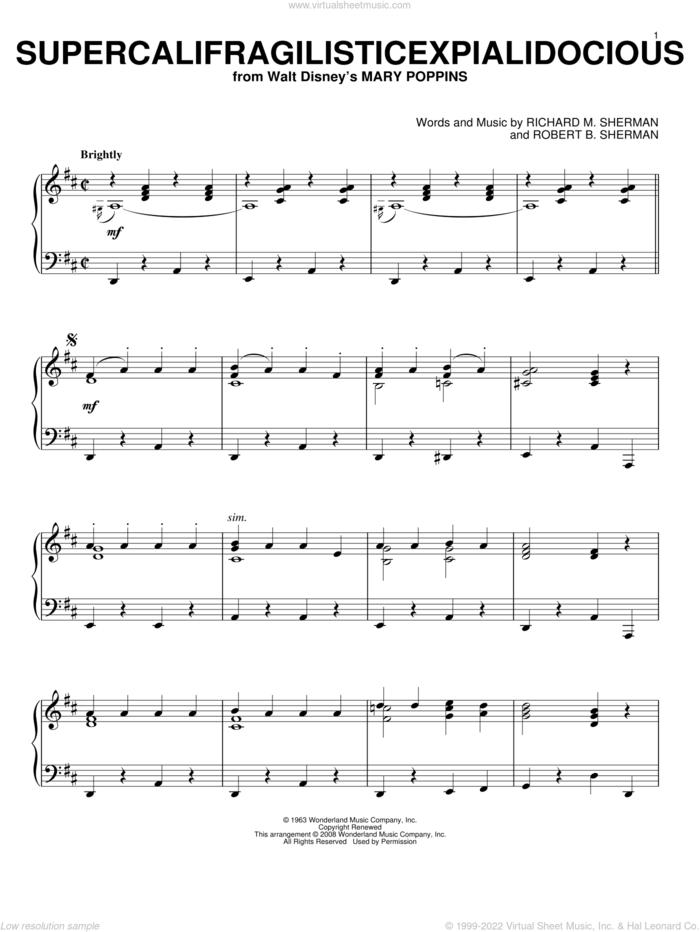 Supercalifragilisticexpialidocious (from Mary Poppins), (intermediate) sheet music for piano solo by Sherman Brothers, Julie Andrews, Richard M. Sherman and Robert B. Sherman, intermediate skill level