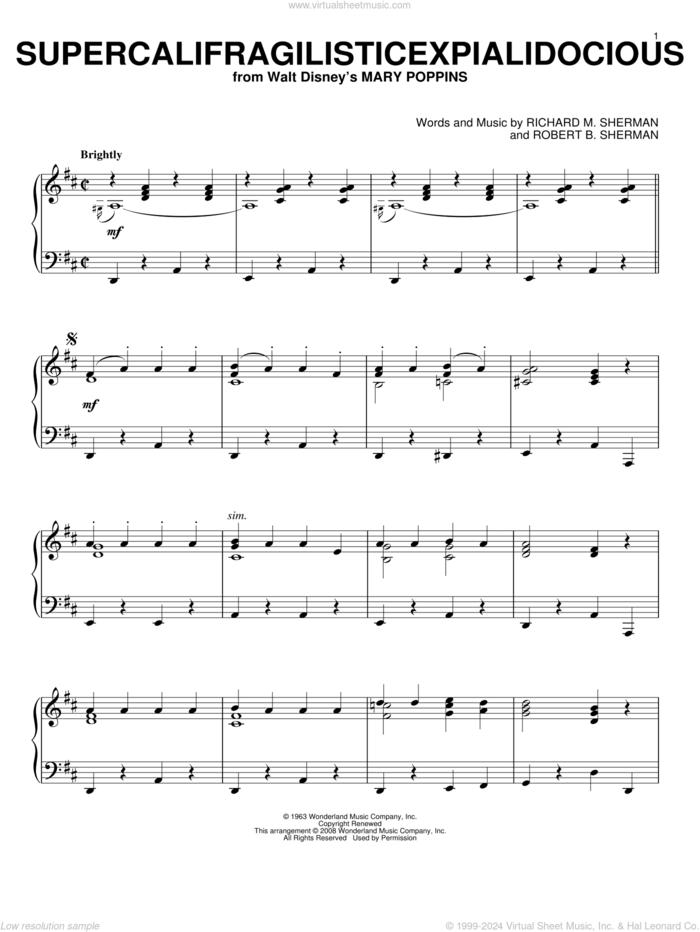 Supercalifragilisticexpialidocious (from Mary Poppins), (intermediate) sheet music for piano solo by Sherman Brothers, Julie Andrews, Richard M. Sherman and Robert B. Sherman, intermediate skill level