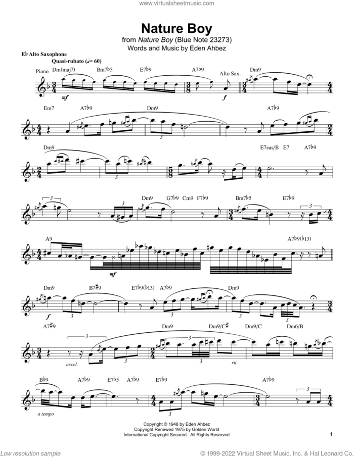 Nature Boy sheet music for alto saxophone (transcription) by Jackie McLean, Nat King Cole and Eden Ahbez, intermediate skill level