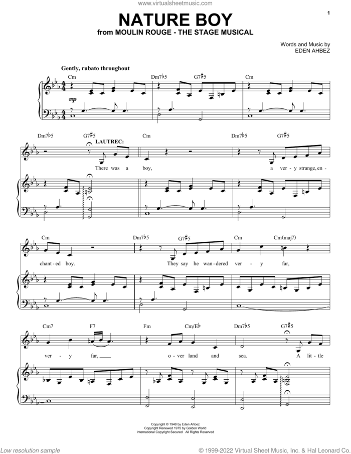 Nature Boy (from Moulin Rouge! The Musical) sheet music for voice and piano by Moulin Rouge! The Musical Cast, Nat King Cole and Eden Ahbez, intermediate skill level