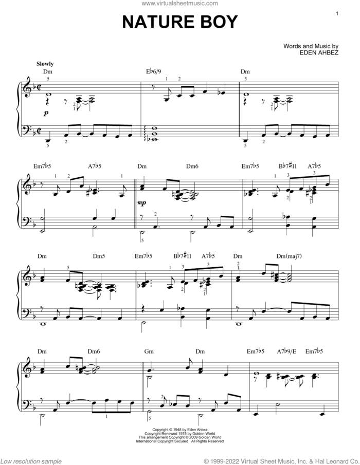Nature Boy [Jazz version] (arr. Brent Edstrom) sheet music for piano solo by Nat King Cole, Brent Edstrom and Eden Ahbez, intermediate skill level